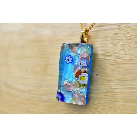 Artisan Handblown Glass Pendant Foil Blue Flower Rectangle Gold Tone Chain BinM - Picture 9 of 12